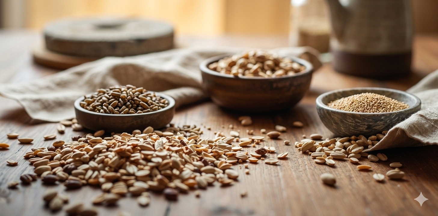 Organic ancient grains in warm sunlight